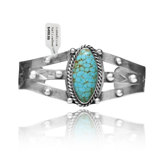Dotted .925 Sterling Silver Certified Authentic Navajo Native American Natural Turquoise Cuff Bracelet 32124 Dotted .925 Sterling Silver Certified Authentic Navajo Native American Natural Turquoise Cuff Bracelet 32124
