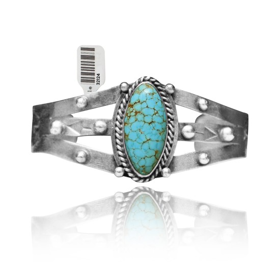 Dotted .925 Sterling Silver Certified Authentic Navajo Native American Natural Turquoise Cuff Bracelet 32124 Dotted .925 Sterling Silver Certified Authentic Navajo Native American Natural Turquoise Cuff Bracelet 32124
