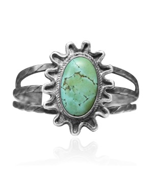 Sun .925 Sterling Silver Certified Authentic Navajo Native American Natural Turquoise Cuff Bracelet 32126