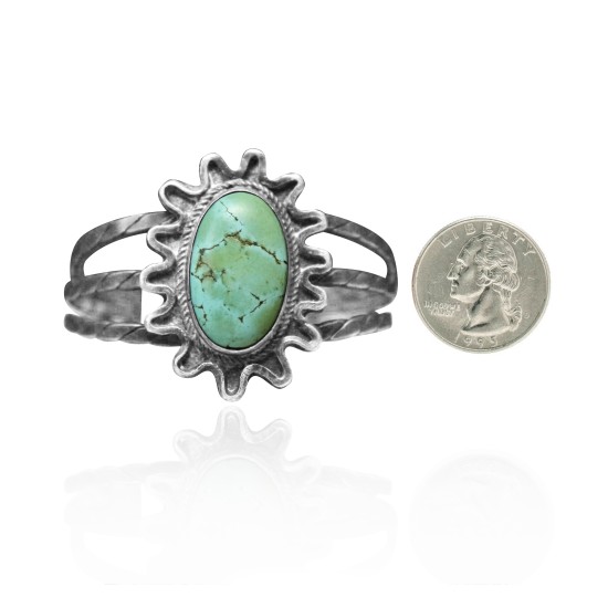 Sun .925 Sterling Silver Certified Authentic Navajo Native American Natural Turquoise Cuff Bracelet 32126