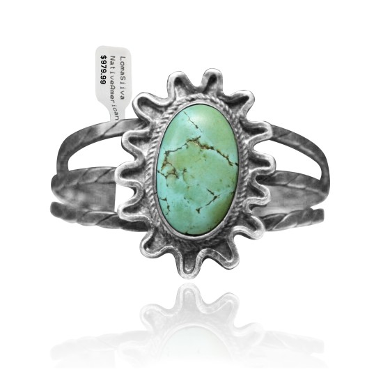 Sun .925 Sterling Silver Certified Authentic Navajo Native American Natural Turquoise Cuff Bracelet 32126