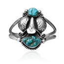 Unique Double Feather .925 Sterling Silver Certified Authentic Navajo Native American Natural Turquoise Cuff Bracelet 32127