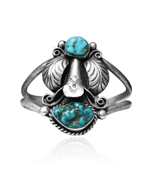 Unique Double Feather .925 Sterling Silver Certified Authentic Navajo Native American Natural Turquoise Cuff Bracelet 32127