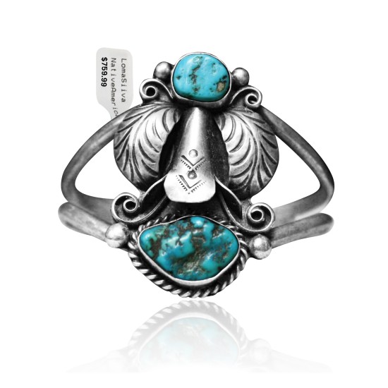 Unique Double Feather .925 Sterling Silver Certified Authentic Navajo Native American Natural Turquoise Cuff Bracelet 32127 Unique Double Feather .925 Sterling Silver Certified Authentic Navajo Native American Natural Turquoise Cuff Bracelet 32127