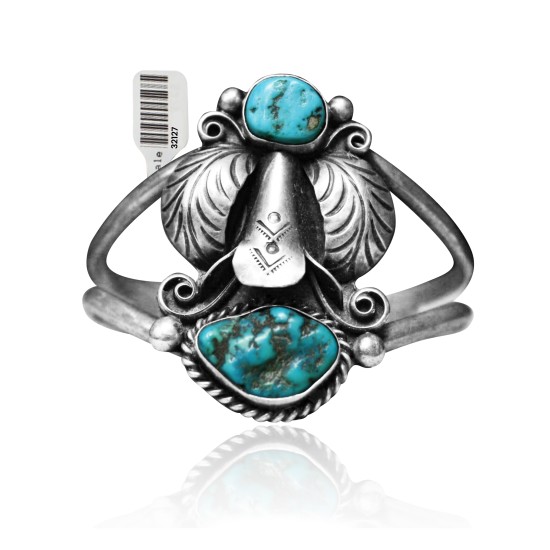 Unique Double Feather .925 Sterling Silver Certified Authentic Navajo Native American Natural Turquoise Cuff Bracelet 32127 Unique Double Feather .925 Sterling Silver Certified Authentic Navajo Native American Natural Turquoise Cuff Bracelet 32127