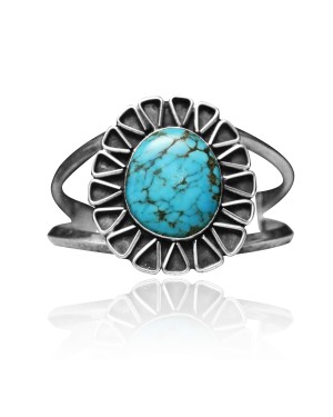 Modern Design .925 Sterling Silver Certified Authentic Navajo Native American Natural Turquoise Cuff Bracelet 32130