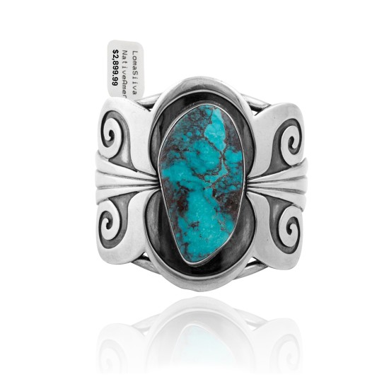 Designers Edition .925 Sterling Silver Certified Authentic Navajo Native American Natural Turquoise Overlay Cuff Bracelet 32131