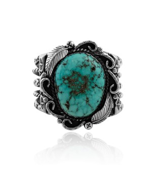 Large Feather .925 Sterling Silver Certified Authentic Navajo Native American Natural Turquoise Cuff Bracelet 32132