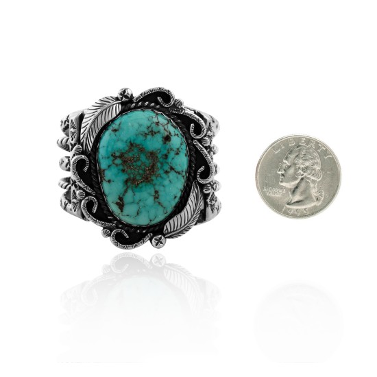 Large Feather .925 Sterling Silver Certified Authentic Navajo Native American Natural Turquoise Cuff Bracelet 32132