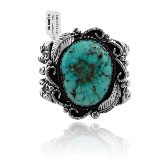 Large Feather .925 Sterling Silver Certified Authentic Navajo Native American Natural Turquoise Cuff Bracelet 32132