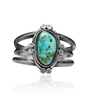 3 Row Beveled .925 Sterling Silver Certified Authentic Navajo Native American Natural Turquoise Cuff Bracelet 32134