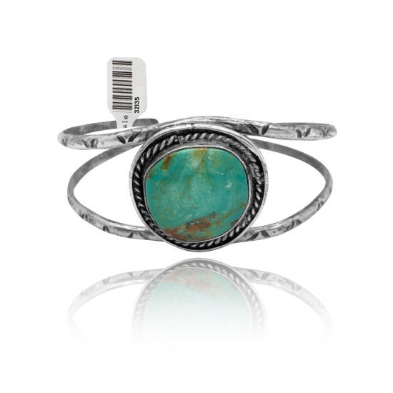 Elegant .925 Sterling Silver Certified Authentic Navajo Native American Round Natural Turquoise Cuff Bracelet 32135