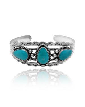3 Stone Sun Design .925 Sterling Silver Certified Authentic Navajo Native American Natural Turquoise Cuff Bracelet 32136