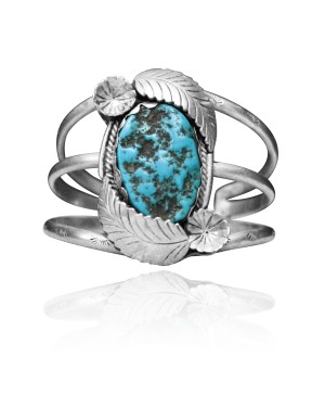 Double Feather with Flower .925 Sterling Silver Certified Authentic Navajo Native American Natural Turquoise Cuff Bracelet 32137