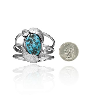 Double Feather with Flower .925 Sterling Silver Certified Authentic Navajo Native American Natural Turquoise Cuff Bracelet 32137 Double Feather with Flower .925 Sterling Silver Certified Authentic Navajo Native American Natural Turquoise Cuff Bracelet 32137
