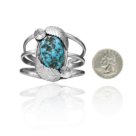 Double Feather with Flower .925 Sterling Silver Certified Authentic Navajo Native American Natural Turquoise Cuff Bracelet 32137 Double Feather with Flower .925 Sterling Silver Certified Authentic Navajo Native American Natural Turquoise Cuff Bracelet 32137