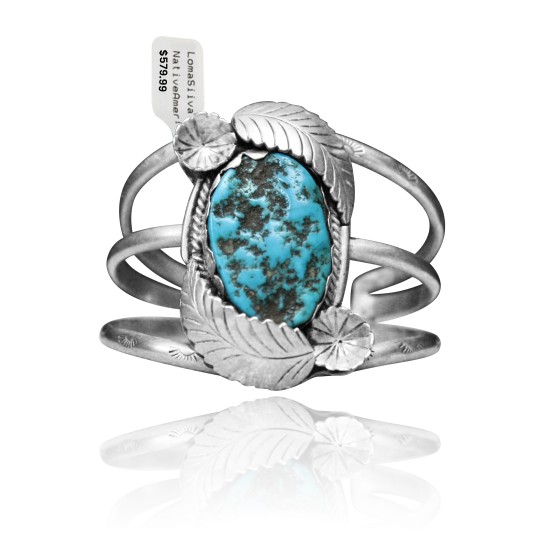 Double Feather with Flower .925 Sterling Silver Certified Authentic Navajo Native American Natural Turquoise Cuff Bracelet 32137 Double Feather with Flower .925 Sterling Silver Certified Authentic Navajo Native American Natural Turquoise Cuff Bracelet 32137