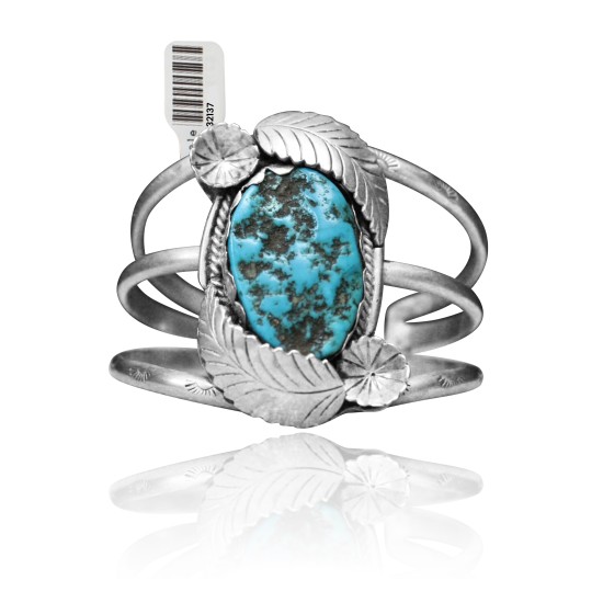 Double Feather with Flower .925 Sterling Silver Certified Authentic Navajo Native American Natural Turquoise Cuff Bracelet 32137 Double Feather with Flower .925 Sterling Silver Certified Authentic Navajo Native American Natural Turquoise Cuff Bracelet 32137