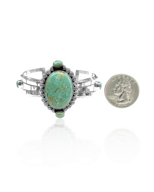 3 Stone Flower .925 Sterling Silver Certified Authentic Navajo Native American Natural Turquoise Cuff Bracelet 32138