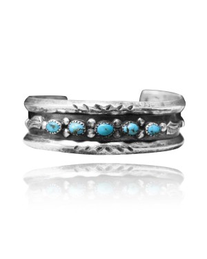 Beveled Edge .925 Sterling Silver Certified Authentic Navajo Native American Natural Turquoise Wave Cuff Bracelet 32139