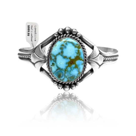 Flower Design .925 Sterling Silver Certified Authentic Navajo Native American Natural Spider Web Turquoise Cuff Bracelet 32141