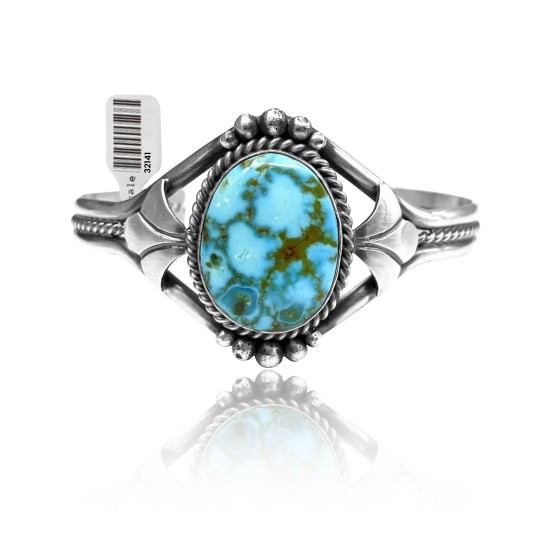 Flower Design .925 Sterling Silver Certified Authentic Navajo Native American Natural Spider Web Turquoise Cuff Bracelet 32141