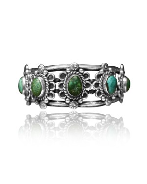 3 Stone Flower .925 Sterling Silver Certified Authentic Navajo Native American Natural Turquoise Cuff Bracelet 32148