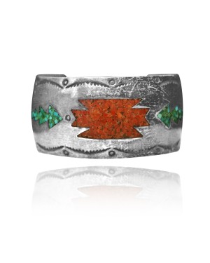 Wide Chip Inlay .925 Sterling Silver Certified Authentic Navajo Native American Natural Turquoise, Coral Cuff Bracelet 32149