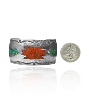 Wide Chip Inlay .925 Sterling Silver Certified Authentic Navajo Native American Natural Turquoise, Coral Cuff Bracelet 32149