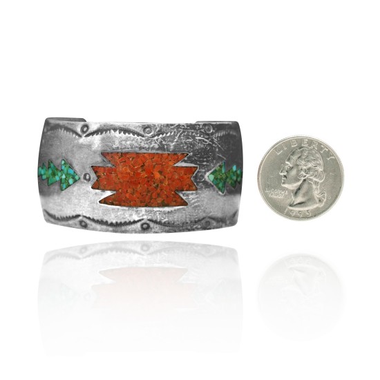Wide Chip Inlay .925 Sterling Silver Certified Authentic Navajo Native American Natural Turquoise, Coral Cuff Bracelet 32149 Wide Chip Inlay .925 Sterling Silver Certified Authentic Navajo Native American Natural Turquoise, Coral Cuff Bracelet 32149