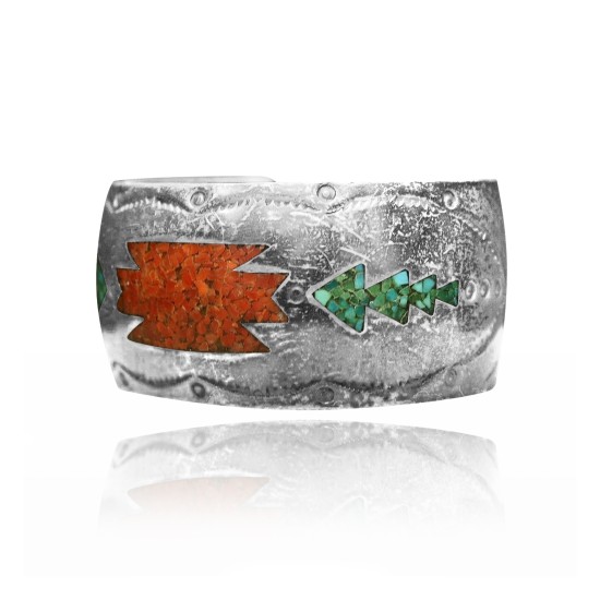 Wide Chip Inlay .925 Sterling Silver Certified Authentic Navajo Native American Natural Turquoise, Coral Cuff Bracelet 32149 Wide Chip Inlay .925 Sterling Silver Certified Authentic Navajo Native American Natural Turquoise, Coral Cuff Bracelet 32149