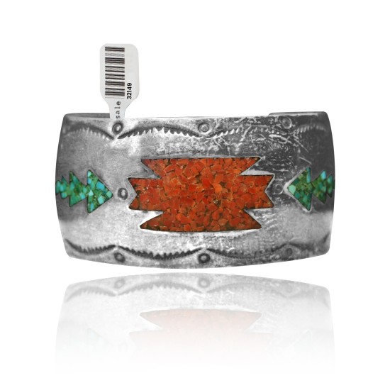 Wide Chip Inlay .925 Sterling Silver Certified Authentic Navajo Native American Natural Turquoise, Coral Cuff Bracelet 32149 Wide Chip Inlay .925 Sterling Silver Certified Authentic Navajo Native American Natural Turquoise, Coral Cuff Bracelet 32149