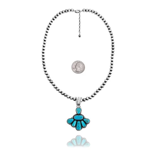 Beautiful Drop Multi Stone Navajo Pearl Design .925 Sterling Silver Navajo Native American Natural Turquoise Necklace Chain Pendant 35208