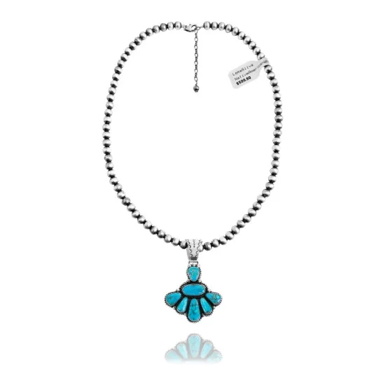 Beautiful Drop Multi Stone Navajo Pearl Design .925 Sterling Silver Navajo Native American Natural Turquoise Necklace Chain Pendant 35208