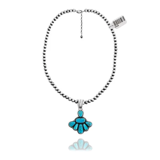Beautiful Drop Multi Stone Navajo Pearl Design .925 Sterling Silver Navajo Native American Natural Turquoise Necklace Chain Pendant 35208