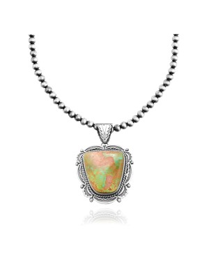 Navajo Pearl Design .925 Sterling Silver Certified Authentic Navajo Native American Natural Green Turquoise Necklace Chain Pendant 35220