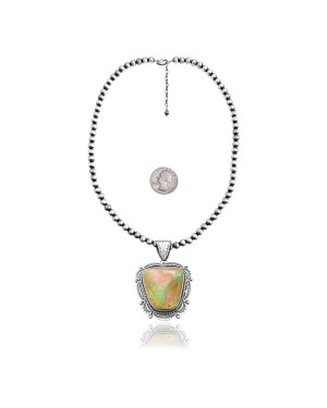 Navajo Pearl Design .925 Sterling Silver Certified Authentic Navajo Native American Natural Green Turquoise Necklace Chain Pendant 35220