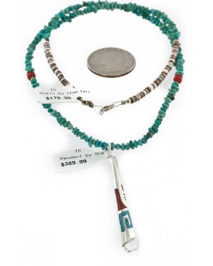 .925 Sterling Silver Handmade Certified Authentic Navajo Natural Chips Turquoise Chips Coral Native American Necklace 24434-15771