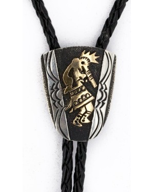 .925 Sterling Silver and 12kt Gold Filled Leather Handmade Corn Maiden Certified Authentic Navajo Native American Bolo Tie  24418-2