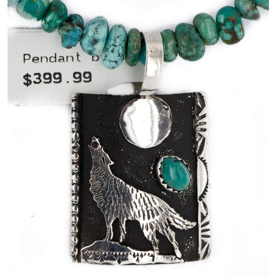 .925 Sterling Silver Handmade Wolf and Moon Certified Authentic Navajo Turquoise Native American Necklace 24421-2-15718 .925 Sterling Silver Handmade Wolf and Moon Certified Authentic Navajo Turquoise Native American Necklace 24421-2-15718