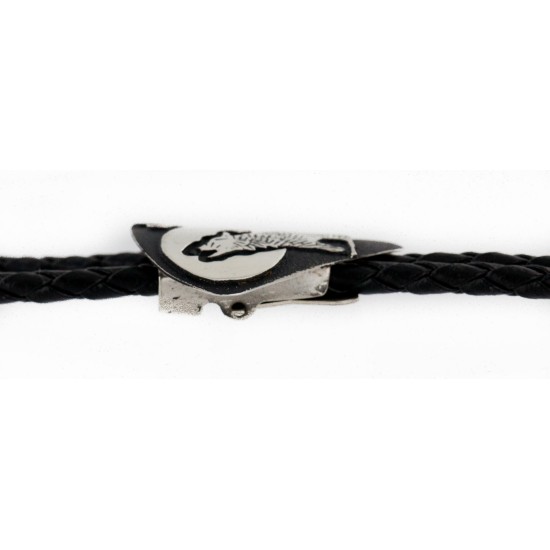 .925 Sterling Silver Leather Handmade Wolf Certified Authentic Navajo Native American Bolo Tie 24417-1 .925 Sterling Silver Leather Handmade Wolf Certified Authentic Navajo Native American Bolo Tie 24417-1