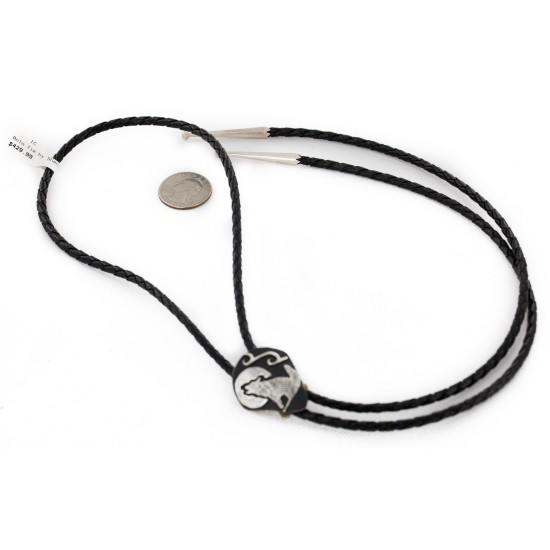 .925 Sterling Silver Leather Handmade Wolf Certified Authentic Navajo Native American Bolo Tie 24417-1 .925 Sterling Silver Leather Handmade Wolf Certified Authentic Navajo Native American Bolo Tie 24417-1