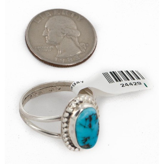 925 Sterling Silver Oval Handmade Certified Authentic Navajo Natural Turquoise Native American Ring  24429-1