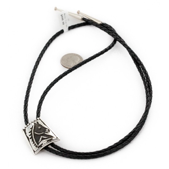 Handmade Certified Authentic Horse Leather Navajo .925 Sterling Silver Native American Bolo Tie  24419-1