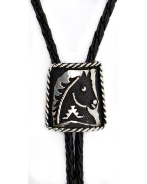 Handmade Certified Authentic Horse Leather Navajo .925 Sterling Silver Native American Bolo Tie  24419-2