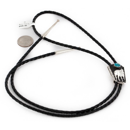 Handmade Certified Authentic Horse Leather Navajo .925 Sterling Silver Natural Turquoise Native American Bolo Tie  24417-3