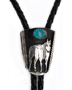 Handmade Certified Authentic Horse Leather Navajo .925 Sterling Silver Natural Turquoise Native American Bolo Tie  24417-3