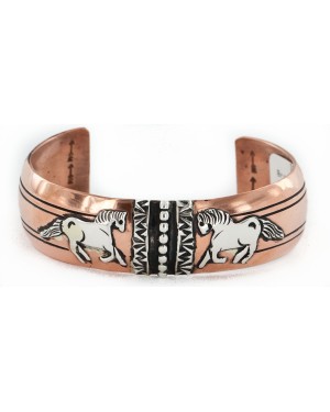 Handmade Certified Authentic Horse Navajo .925 Sterling Silver and Pure Copper Native American Bracelet 24442-1