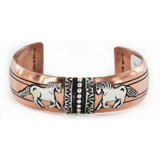Handmade Certified Authentic Horse Navajo .925 Sterling Silver and Pure Copper Native American Bracelet 24442-1