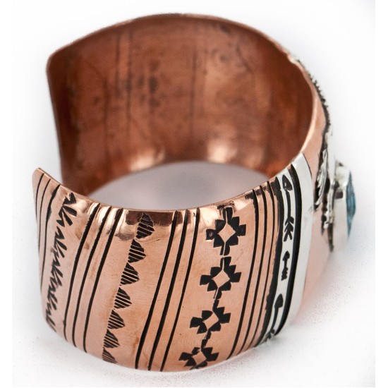 Handmade Certified Authentic Horse Navajo .925 Sterling Silver and Pure Copper Natural Chips Turquoise Wide Native American Bracelet 24443